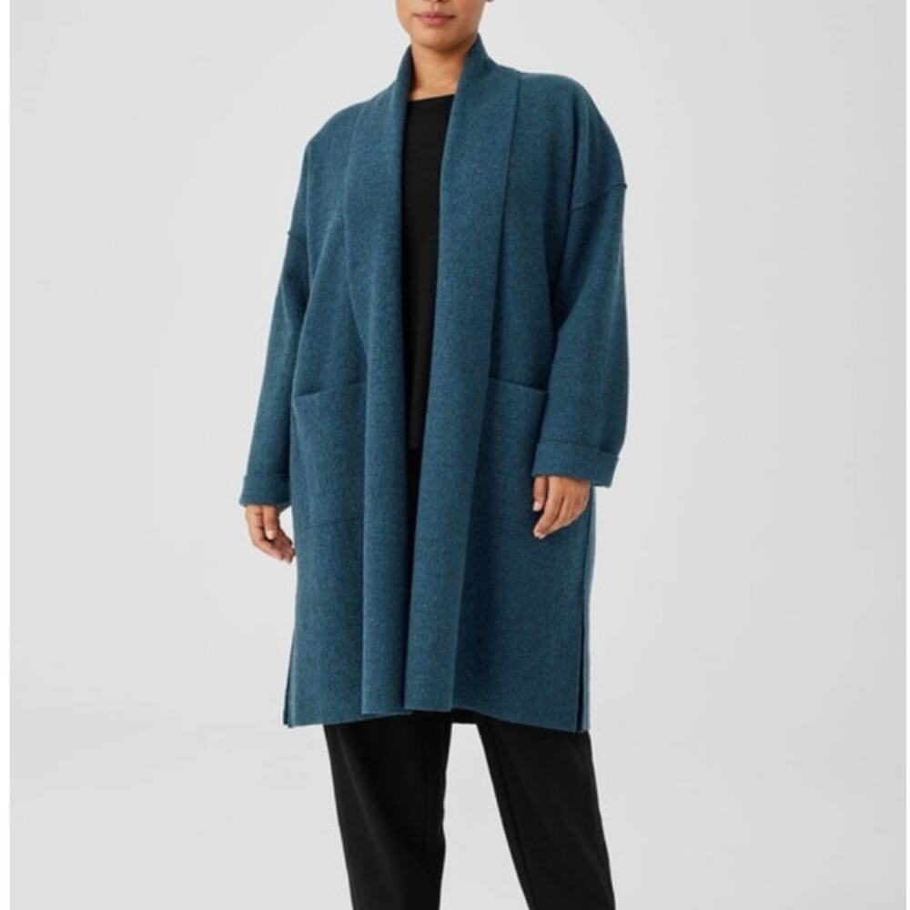 Womens Lightweight Boiled Wool High Collar Coat in Regenerative Wool Blue Size L